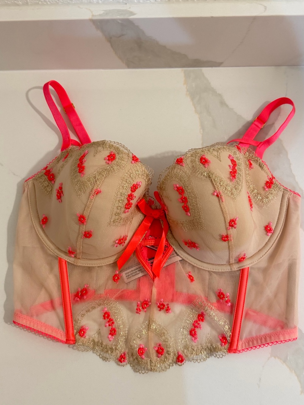 Victoria's Secret Beige Longline Bustier Bra with Neon Pink Accents